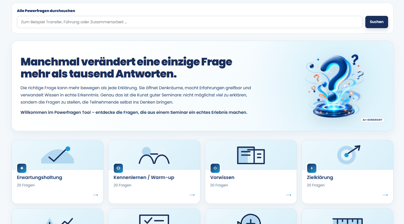 Vossily Coaching- und Powerfragen-Tool mit Suchfeld und Themenkategorien