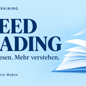 Speed Reading – KI-Online-Training mit KI-Trainerin Robin. Hellblaue Kursvorschau mit aufgeschlagenem Buch.